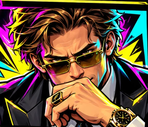 FlowCapacitor, chin on his hand, considering something through gold-tinted glasses