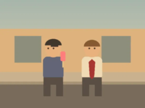 An old snapshot: two boys sitting on a curb in summer. One, in a cap worn backwards, eats an ice pop and isn't looking at the camera. The other, in a tie that is too big for him, looks straight at it.