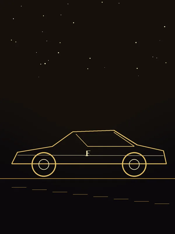 A low black coupe with a gold line along it, at night