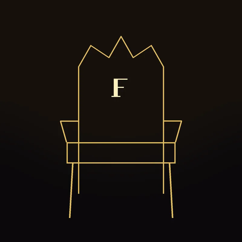 A high-backed chair with a crowned back and an F on it