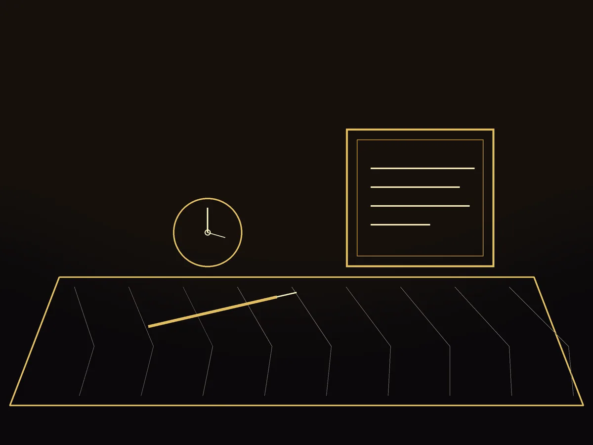 A marble desk: a gold pen, a desk clock, and a framed placard