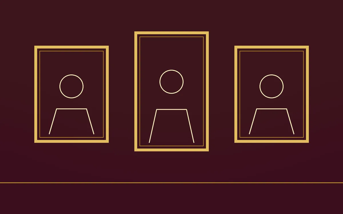 Three gilded frames on a velvet wall, each a portrait of the same man