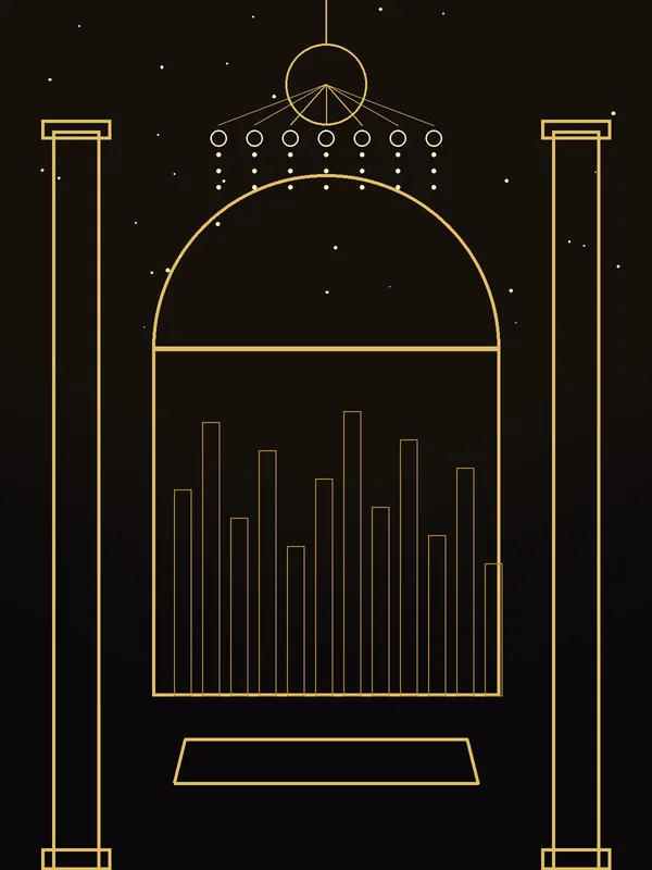 A penthouse salon: gold columns, an arched window over the city, a chandelier