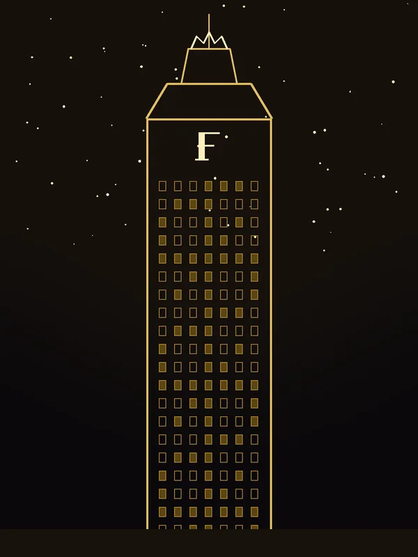 A gold-trimmed tower at night with a crown at the top and an F on its face