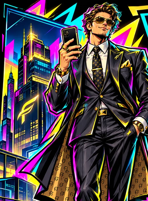 FlowCapacitor in a black three-piece suit with gold accents, phone in hand, his tower behind him